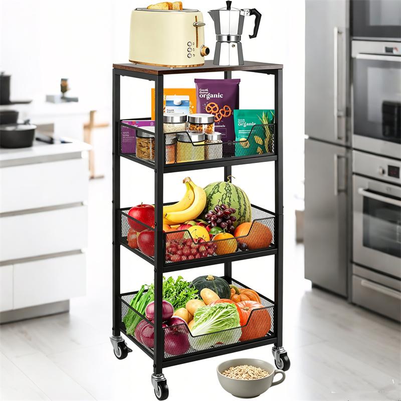 Home Bathroom Organizer - 3段式ローリングユーティリティカート収納オーガナイザーラック、木製トップ、金属フレーム、ロック付きホイール、多目的可動式キッチントロリーシェルフ、パントリー、バスルーム、ホームアクセサリー用省スペース収納