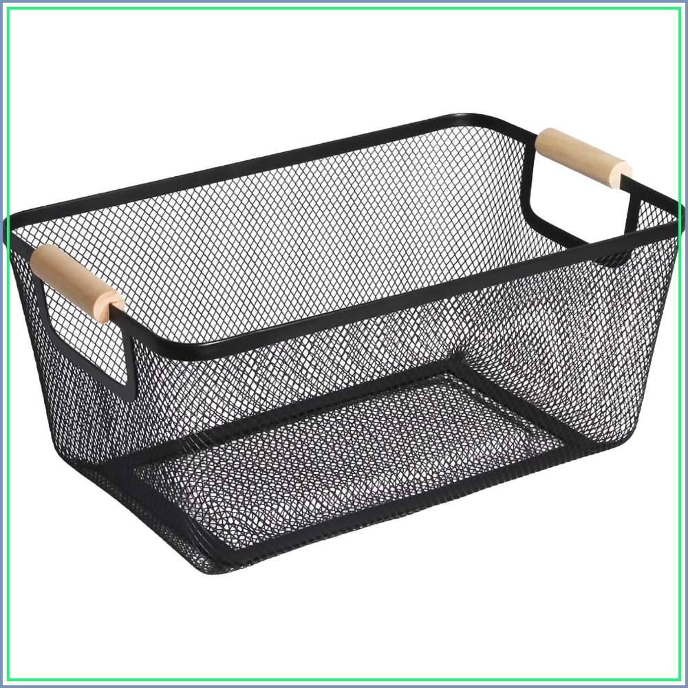 Home Bathroom Organizer - 木製ハンドル付き大型ワイヤー収納オーガナイザーバスケット、多機能吊り下げキッチンバスケット、バスルーム、ピクニック、家庭用、長方形-ブラック
