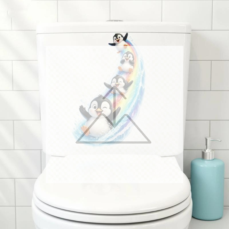 Jet Home Bathroom - 1個入りのかわいいペンギンのトイレ蓋ステッカー、防水性と自己粘着性があり、虹色のプリントが施されており、家庭の浴室や子供の装飾に最適です。