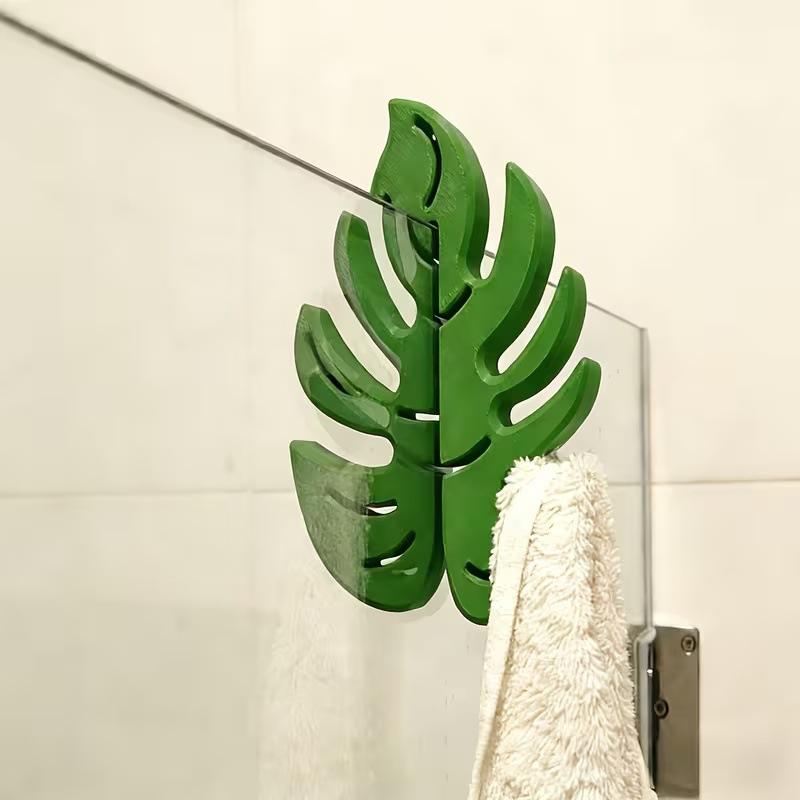 Jet Home Bathroom - グリーンモンステラの葉っぱのシャワードアフック、ドリル不要の取り付け、バスルーム用タオル掛け、トロピカルな家の装飾、落下防止