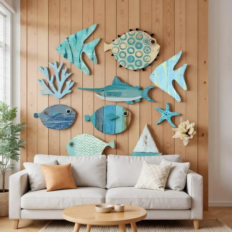 Jet Home Bathroom - 10 ピース/セット魚の壁の装飾木製魚ぶら下げビーチテーマ浴室アート航海沿岸海洋家の装飾