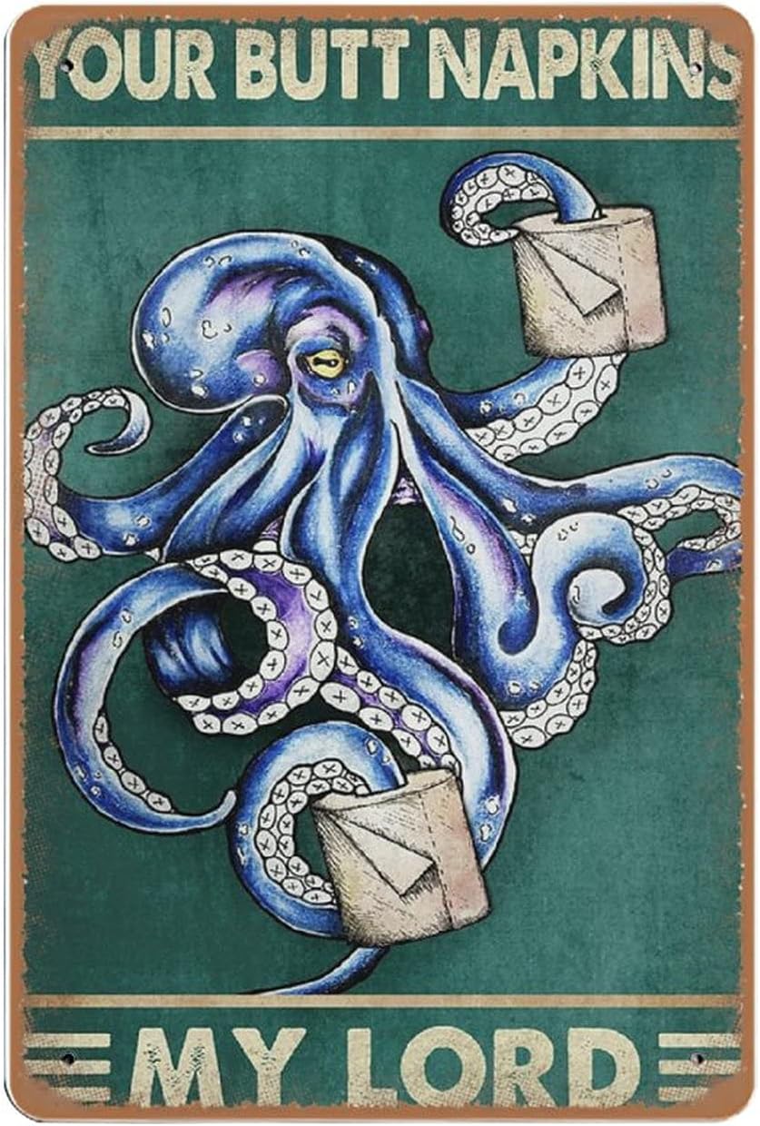 Home Bathroom Wall Art - Dreacoss Octopus ヴィンテージブリキ看板、面白いバスルーム装飾、ウォールアート、レトロスタイル、ファームハウス、ホーム、バー、ティ