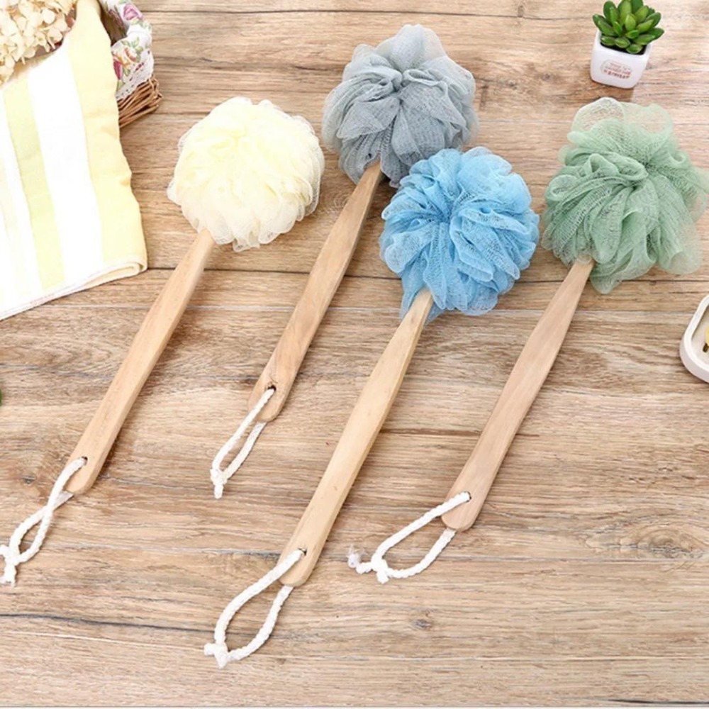Home Bathroom Cleaning Machine - 1PC 木製ハンドルソフトメッシュバスブラシバックスクラバー角質除去ボディクリーナー旅行バスボールシャワーツールバスルームアクセサリー