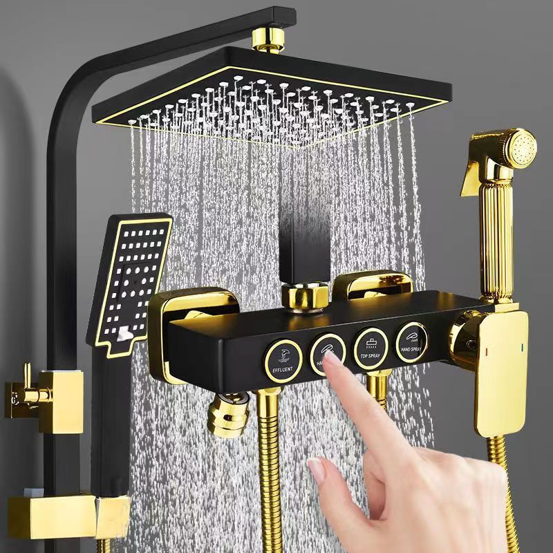 Home Bathroom Equipment - ブラックゴールドステンレス鋼シャワーシステムコンプリートセット、家庭用浴室向け真鍮製サーモスタットボタンシャワー水栓