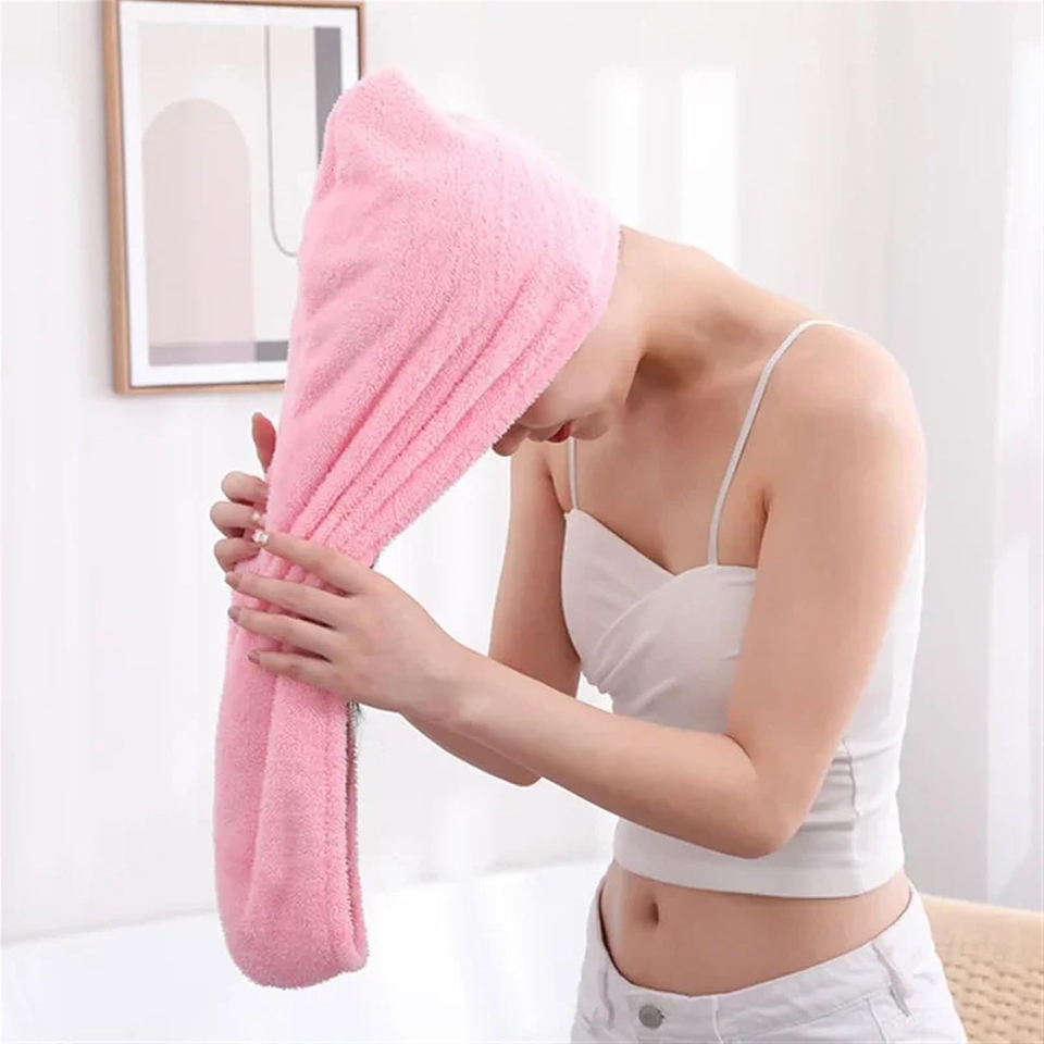 Home Bathroom Equipment - 1PC コーラルフリースヘアタオルラップ女性速乾性ヘア乾燥キャップ肥厚吸収性シャワータオルバスルームアクセサリー
