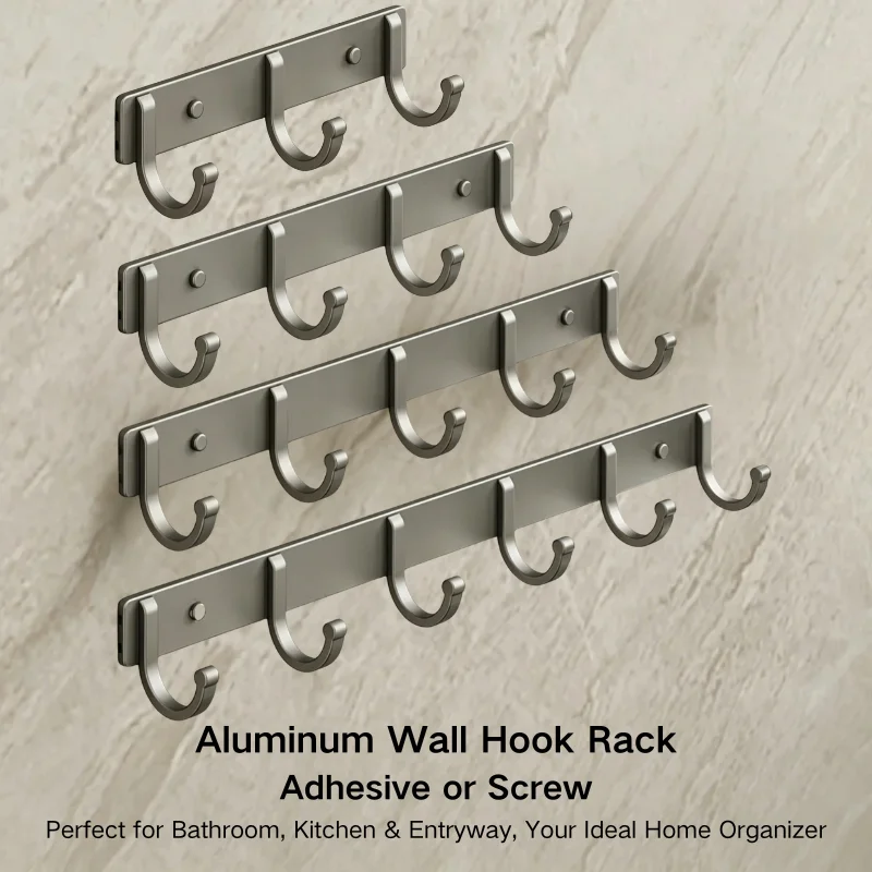 Home Bathroom Organizer - アルミニウム製ウォールフックラック – ドリル不要の接着剤/ネジ式取り付け、グレー、フック3～6個、バスルーム、キッチン、玄関用の頑丈なオーガナイザー