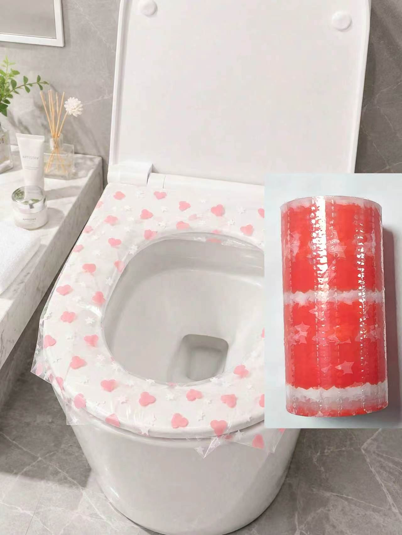 Home Bathroom Equipment - 133枚入り使い捨て便座カバー、防水便座保護フィルム、ハート柄 - 旅行、ホテル、公共トイレ、家庭の浴室に適した携帯用衛生パッド、旅行用品、新学期用品