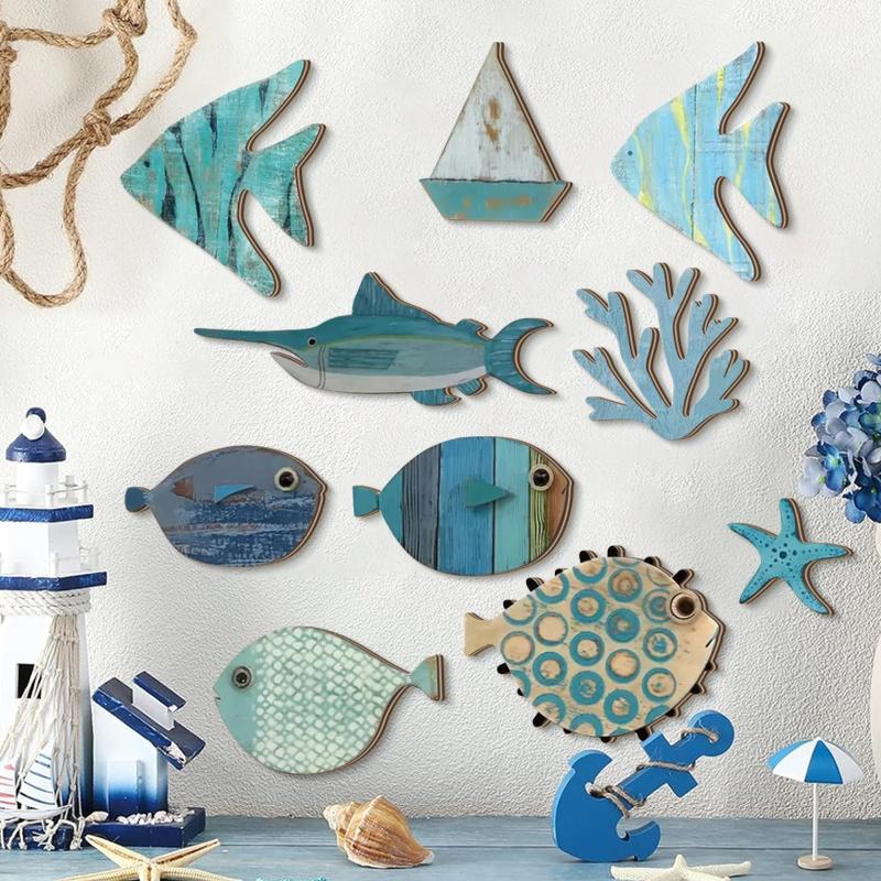 Jet Home Bathroom - 10個/セット 魚の壁飾り 木製魚の吊り下げ飾り ビーチテーマ 浴室アート 航海風