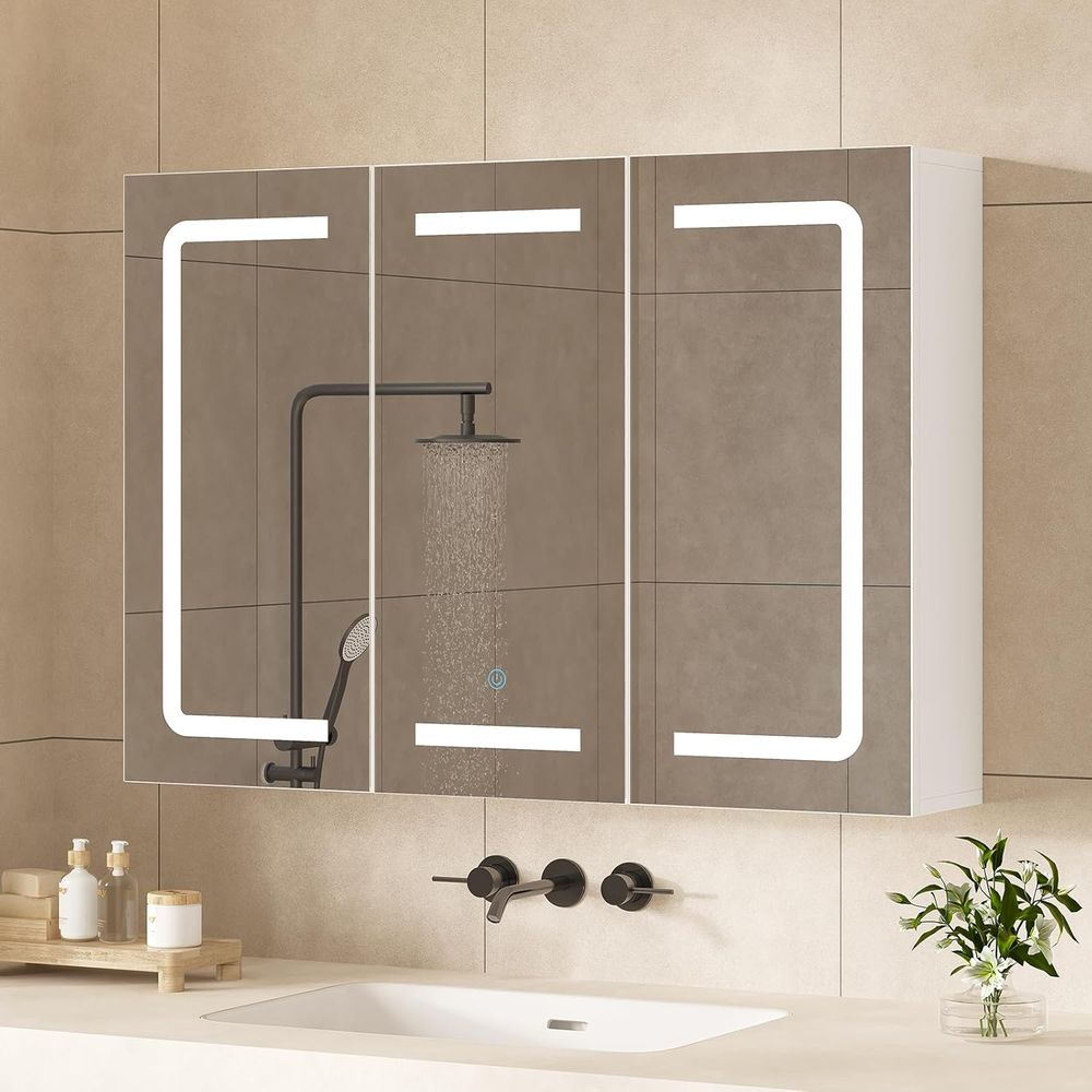 Home Bathroom Organizer - 鏡付き薬棚オーガナイザー、照明付き収納付き浴室薬棚、LEDライト付き3ドア浴室壁掛けキャビネット