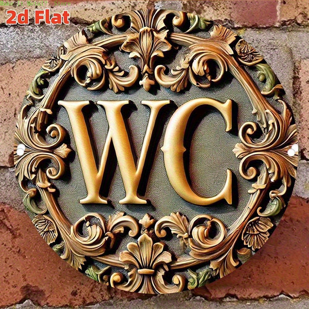 Home Bathroom Wall Art - 2Dフラット装飾バロック様式「WC」バスルームサイン、丸型ブリキ看板、ヴィンテージメタルウォールアート、トイレ、パウダールーム、アンティークホームデコレーション用