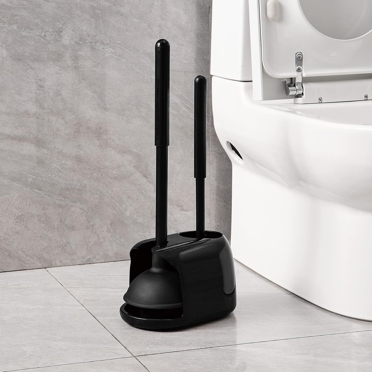 Toilet Brush Holder - 2in1トイレブラシ＆プランジャーセット、シリコンブラシヘッド付き、強力な吸盤、省スペース、収納ホルダー付き、トイレブラシ、トイレプランジャー、浴室清掃ツール