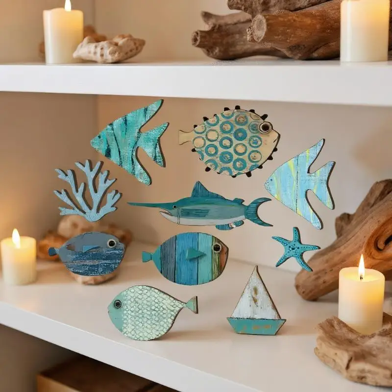 10 ピース/セット魚の壁の装飾木製魚ぶら下げビーチテーマ浴 - Jet Home Bathroom のレビューと価格