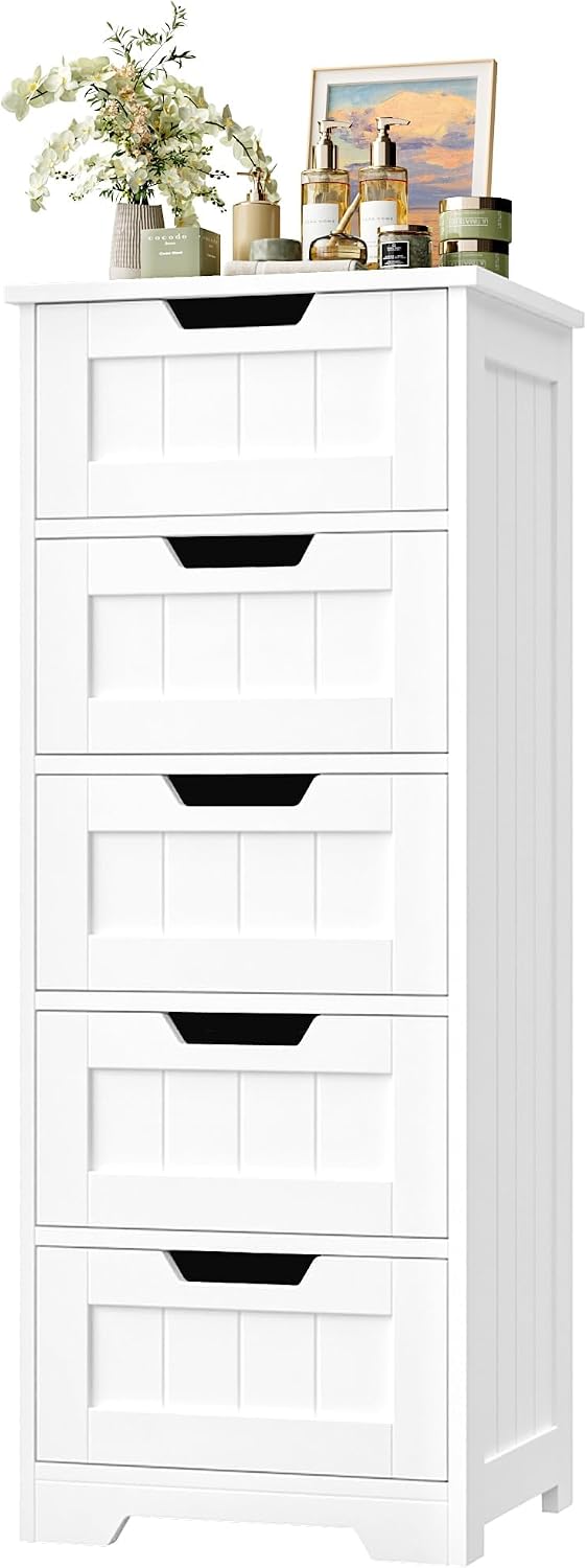 自立型バスルーム収納キャビネット、5つの引き出し付き木製フロ - Home Bathroom Organizer のレビューと価格