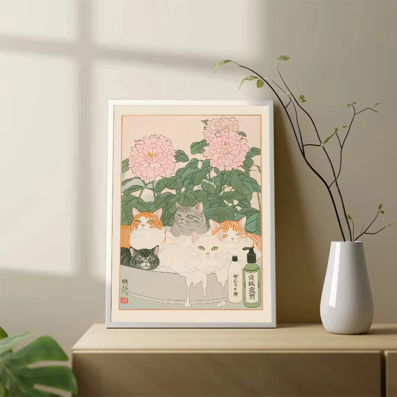 フレームレス猫と浴槽の日本風ヴィンテージクラシックタイガーキ - Home Bathroom Wall Art のレビューと価格