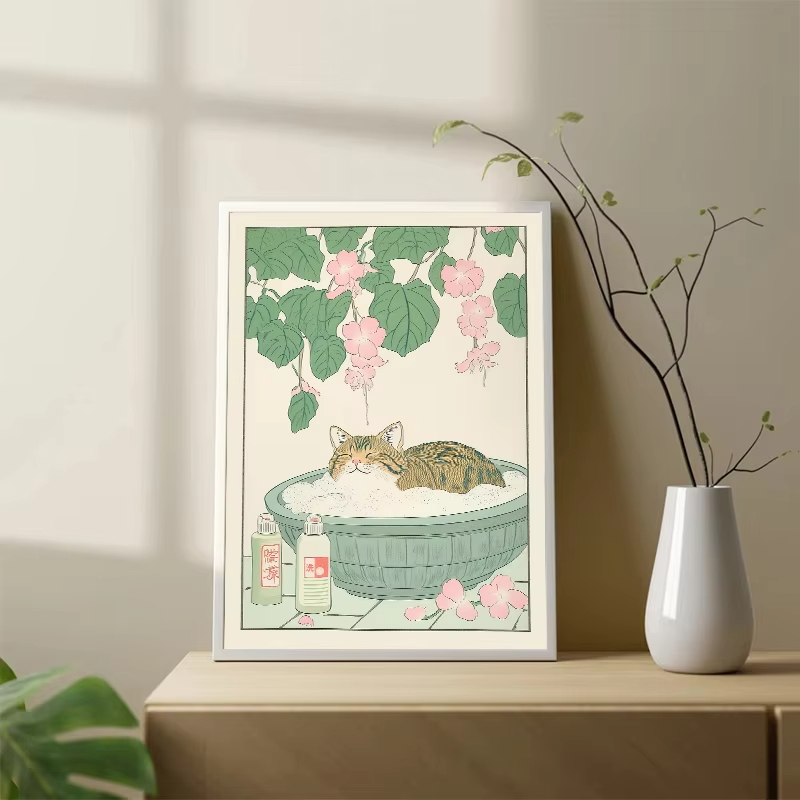 フレームレス猫と浴槽の日本風ヴィンテージクラシックタイガーキ - Home Bathroom Wall Art のレビューと価格