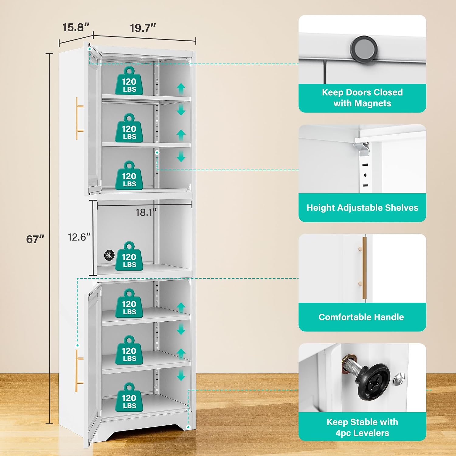 高さ67インチのスリムな収納キャビネット、2つの扉と7つの棚 - Home Bathroom Organizer のレビューと価格